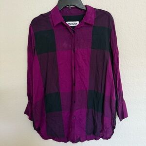 Roucha Purple Plaid Flannel Button Up Shirt Size Large Casual Luxury Cabincore